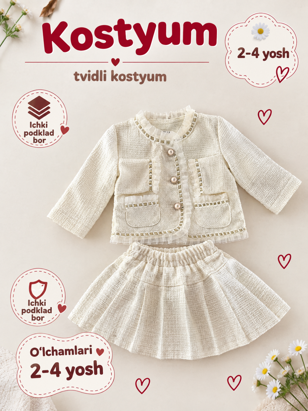 6 oylikdan 8 yoshgacha qizaloqlar uchun quzgi bayramona va kundalik ko‘ylak - 
