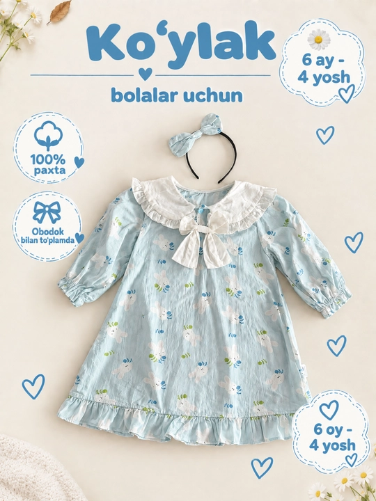 6 oylikdan 8 yoshgacha qizaloqlar uchun quzgi bayramona va kundalik ko‘ylak - 