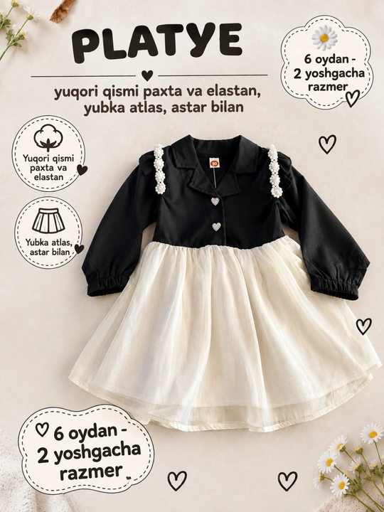 6 oylikdan 8 yoshgacha qizaloqlar uchun quzgi bayramona va kundalik ko‘ylak - 