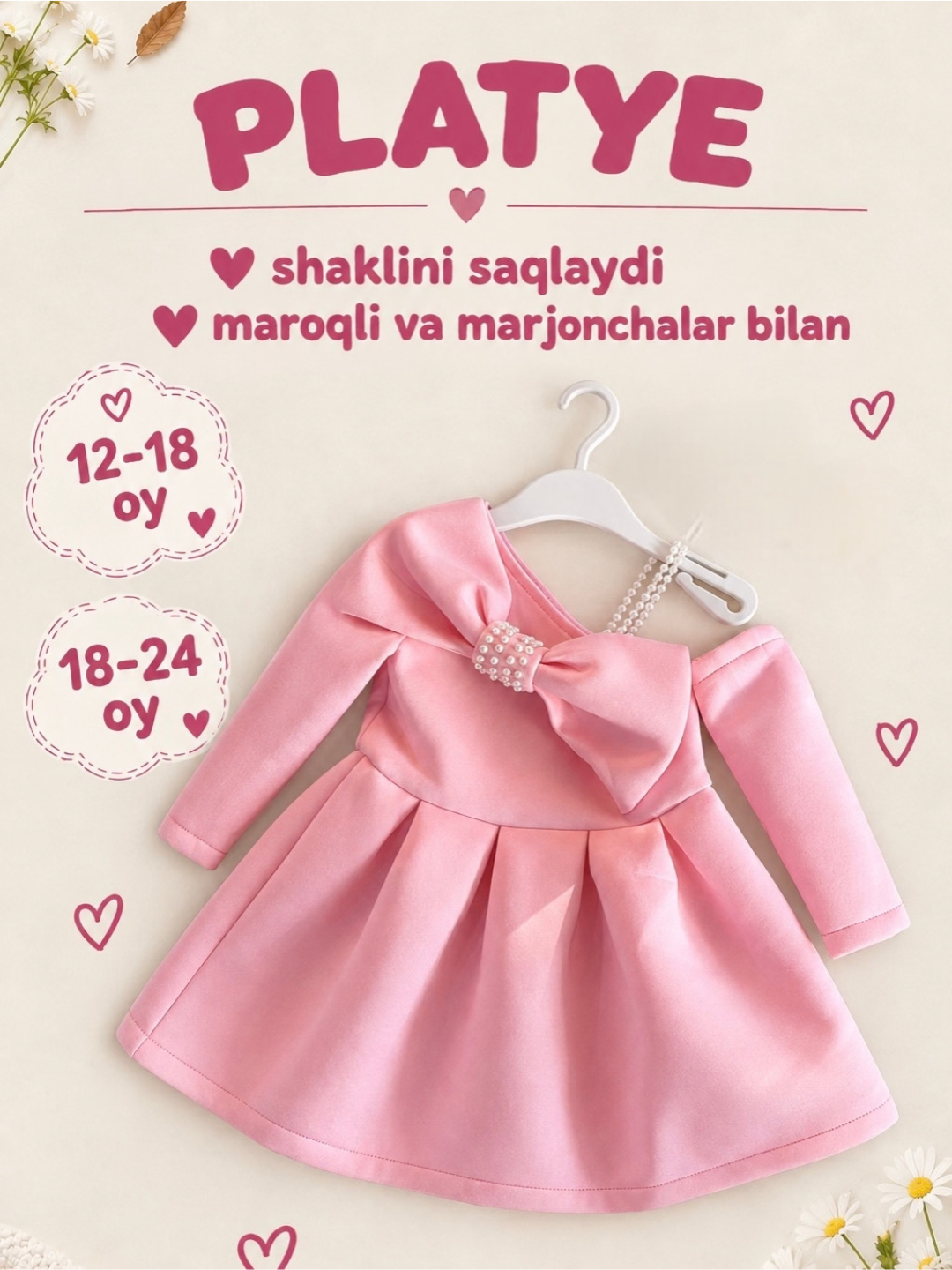 6 oylikdan 8 yoshgacha qizaloqlar uchun quzgi bayramona va kundalik ko‘ylak - 