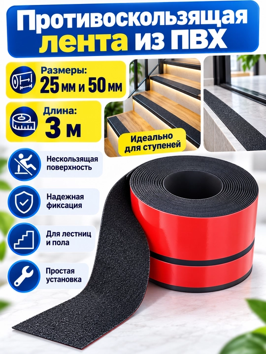 Противоскользящая лента, каучук, 5 мм 25 мм 3 м