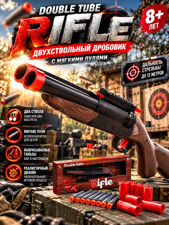 Игрушечное ружьё Double Tube Rifle — двуствольный дробовик с мягкими пулями и гильзами, 8+