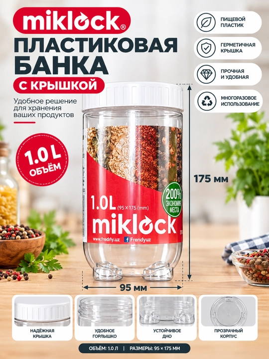 Plastik idish Miklock qopqoq bilan, oziq-ovqat va ziravorlar uchun shaffof konteyner