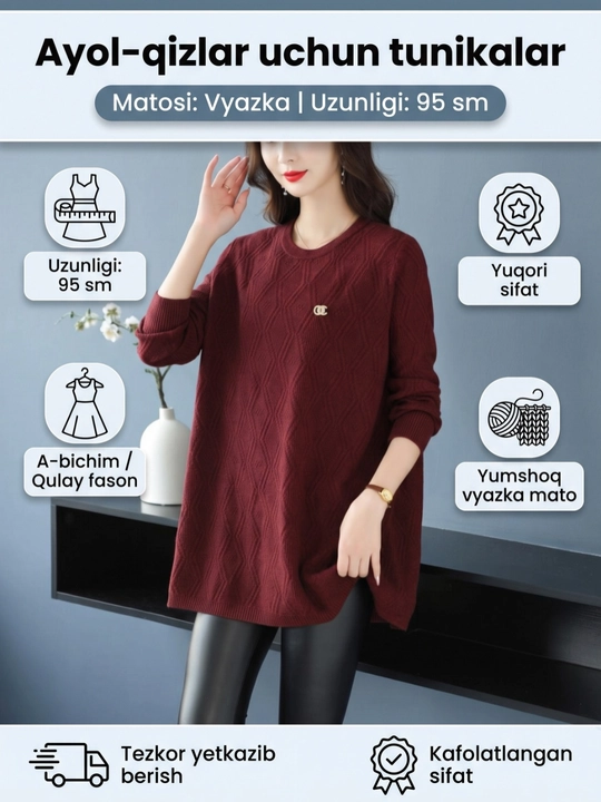 Ayollar uchun qishki tunika- bluzka, ko‘ylak-sviter, ko‘ylak