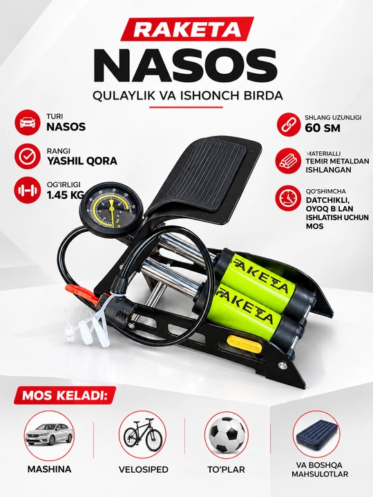 RAKETA 2 silindrli oyoq nasosi — datchikli, avtomobil va velosiped uchun - 