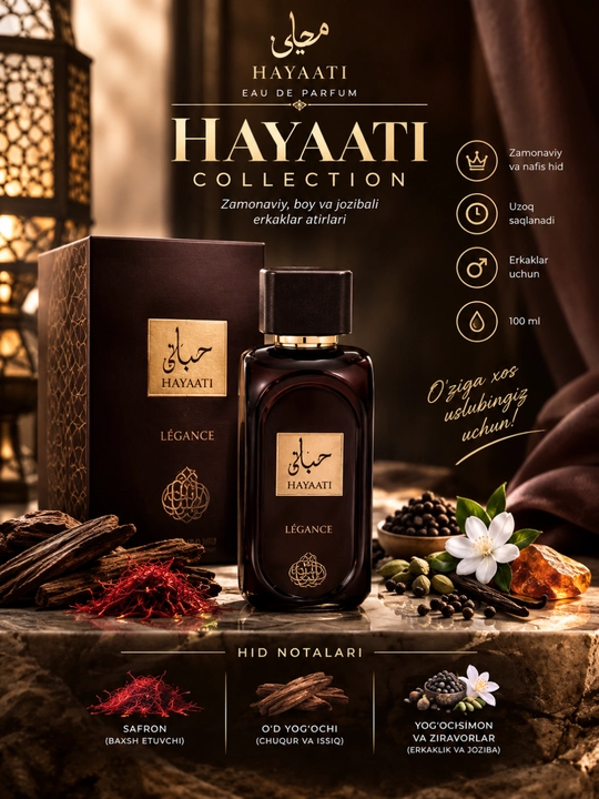 Hayaati Collection erkaklar atiri, 100 ml — zamonaviy va jozibali hid - 
