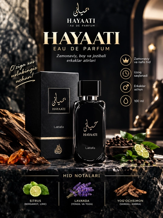 Hayaati Collection erkaklar atiri, 100 ml — zamonaviy va jozibali hid - 