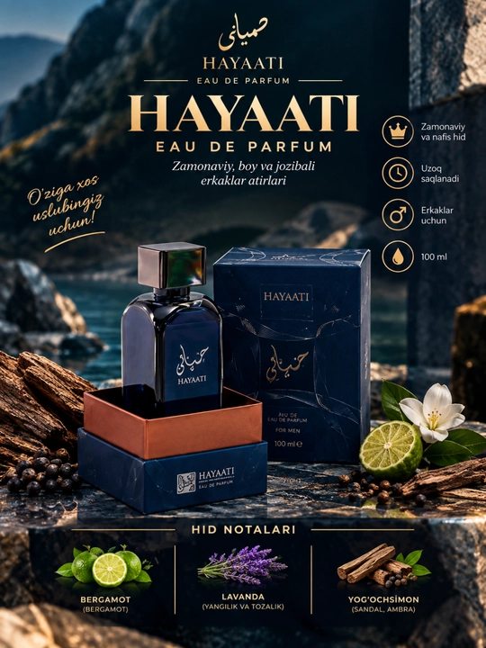 Hayaati Collection erkaklar atiri, 100 ml — zamonaviy va jozibali hid - 