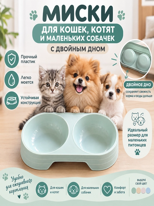 Двойная миска для кошек, котят и маленьких собак с двойным дном - 