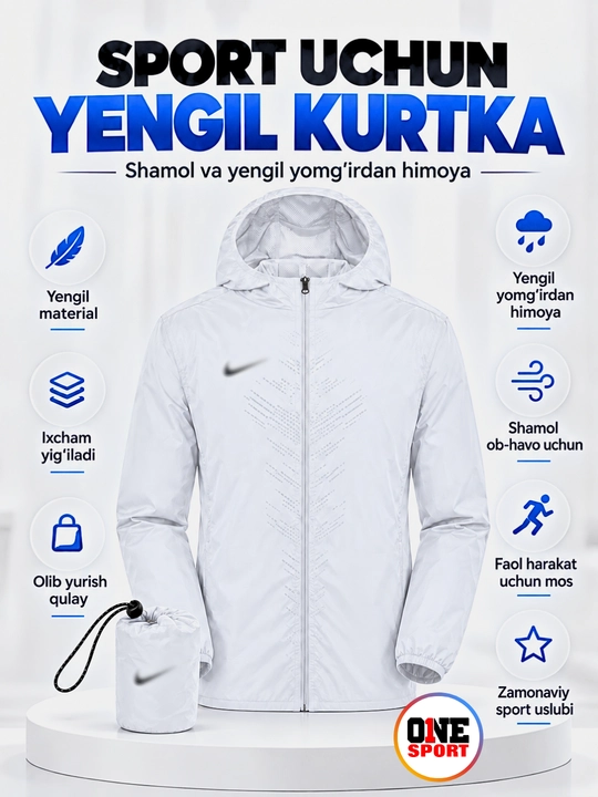 Erkaklar uchun kapyushonli sport vetrovkasi, shamol va yengil yomg‘irdan himoya