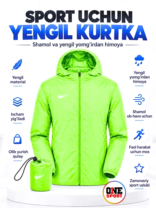 Erkaklar uchun kapyushonli sport vetrovkasi, shamol va yengil yomg‘irdan himoya