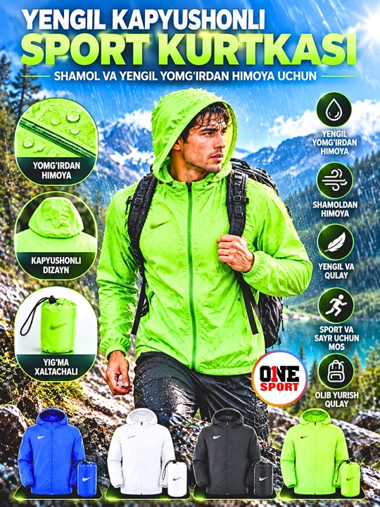 Erkaklar uchun kapyushonli sport vetrovkasi, shamol va yengil yomg‘irdan himoya