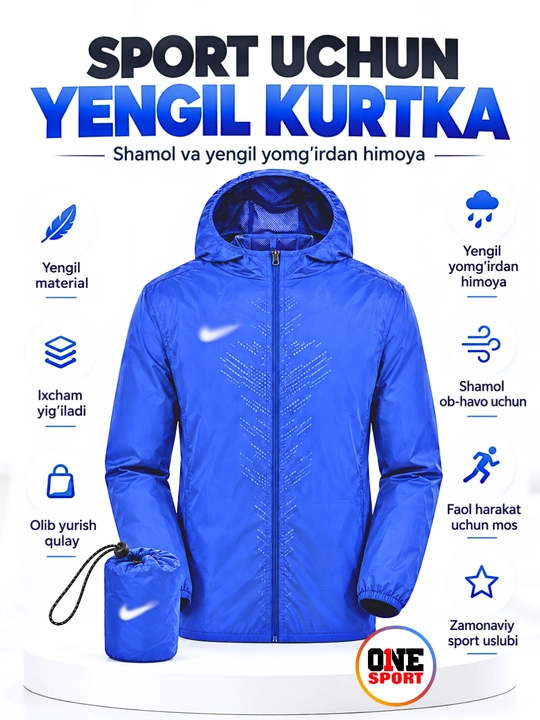 Erkaklar uchun kapyushonli sport vetrovkasi, shamol va yengil yomg‘irdan himoya