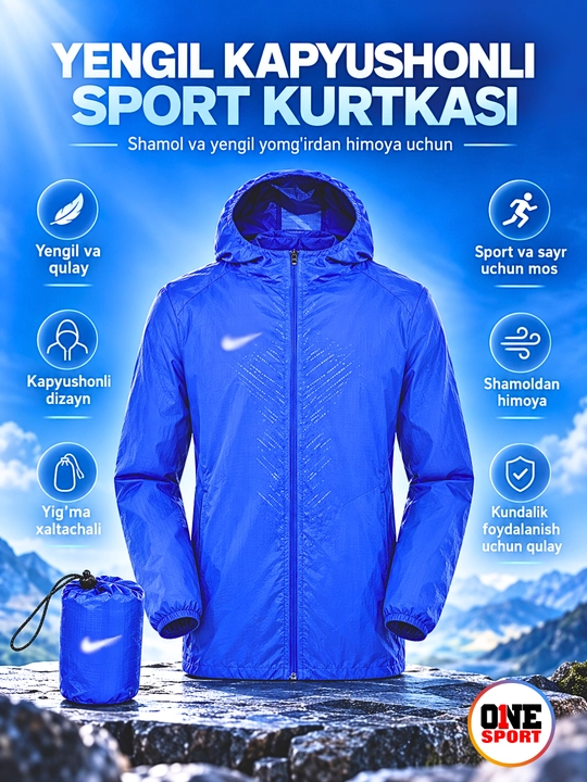Erkaklar uchun kapyushonli sport vetrovkasi, shamol va yengil yomg‘irdan himoya
