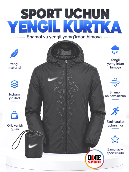 Erkaklar uchun kapyushonli sport vetrovkasi, shamol va yengil yomg‘irdan himoya