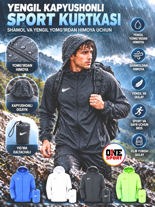 Erkaklar uchun kapyushonli sport vetrovkasi, shamol va yengil yomg‘irdan himoya