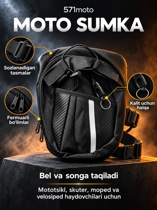 Bel va songa taqiladigan moto sumka — qora rang - 