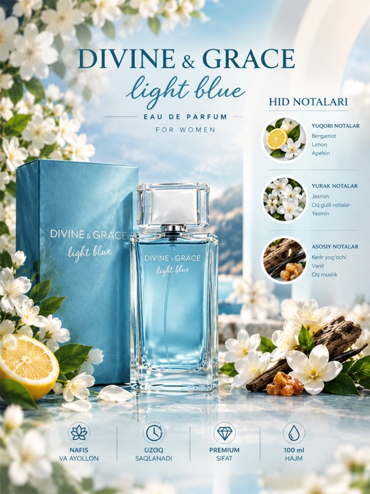 Divine & Grace Light Blue — Ayollar uchun nafis va musaffo ifor, 100 ml