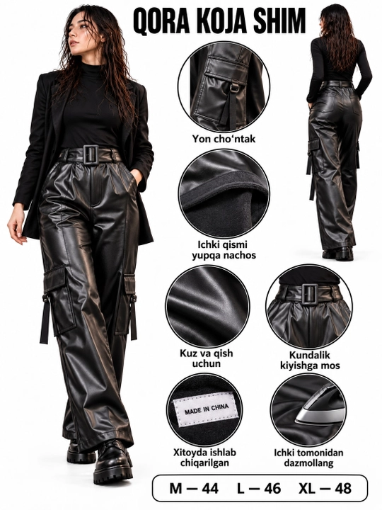 Ayollar uchun qora koja shim, yupqa nachosli, yon cho‘ntakli, kuzgi-qishki - 