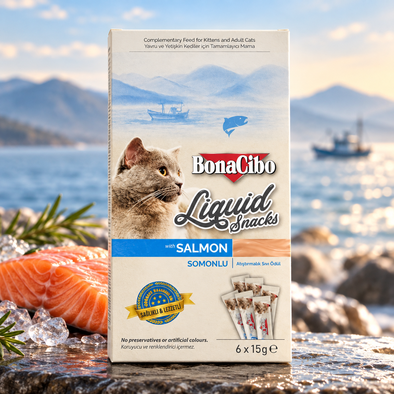 Mushuklar uchun BonaCibo Liquid Snacks lososli suyuq yegulik - 