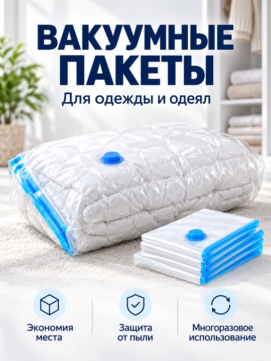 Вакуумный пакет для хранения одежды и одеял, с клапаном, многоразовый - 