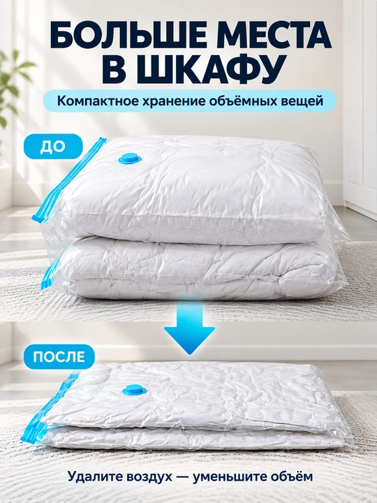 Kiyim va ko‘rpalar uchun vakuum paket, klapanli, qayta foydalaniladigan