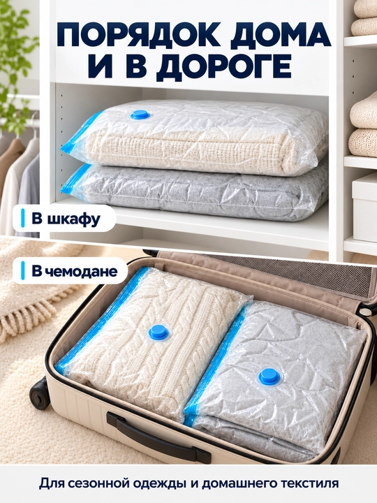Kiyim va ko‘rpalar uchun vakuum paket, klapanli, qayta foydalaniladigan
