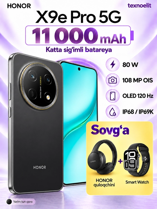 HONOR X9e Pro 5G Smartfoni, 256 GB, 11000 mAh, 108 MP OIS, quloqchin sovg‘a - 
