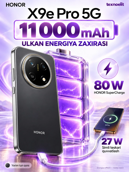 HONOR X9e Pro 5G Smartfoni, 256 GB, 11000 mAh, 108 MP OIS, quloqchin sovg‘a