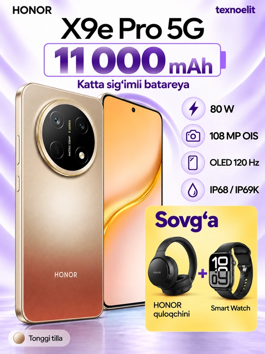 HONOR X9e Pro 5G Smartfoni, 256 GB, 11000 mAh, 108 MP OIS, quloqchin sovg‘a - 