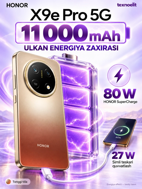 HONOR X9e Pro 5G Smartfoni, 256 GB, 11000 mAh, 108 MP OIS, quloqchin sovg‘a