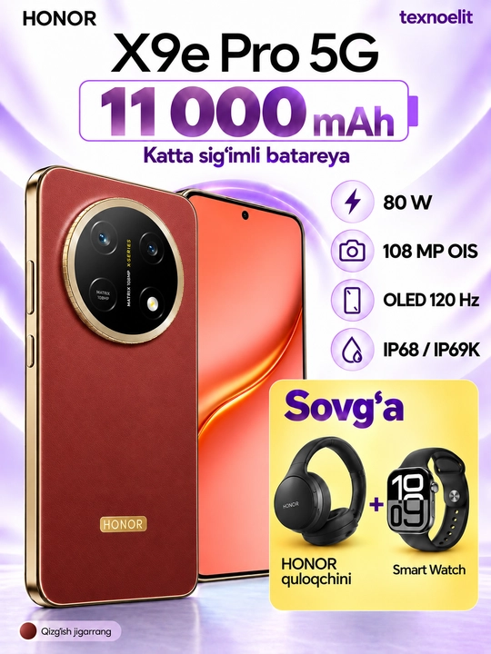 HONOR X9e Pro 5G Smartfoni, 256 GB, 11000 mAh, 108 MP OIS, quloqchin sovg‘a - 