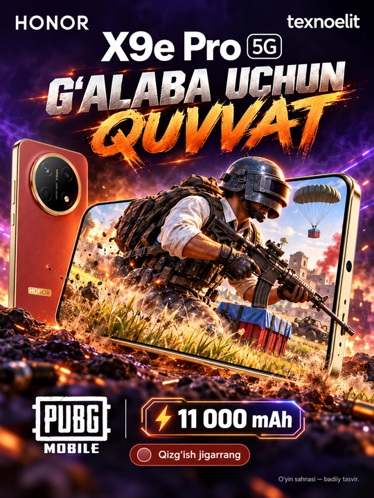 HONOR X9e Pro 5G Smartfoni, 256 GB, 11000 mAh, 108 MP OIS, quloqchin sovg‘a