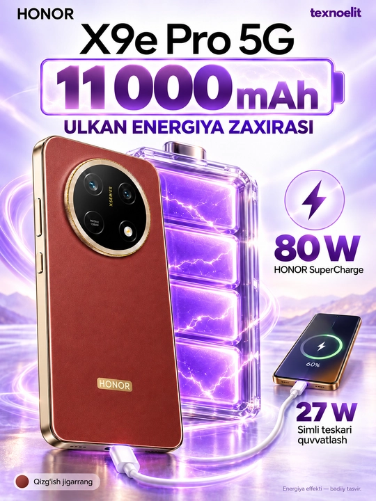 HONOR X9e Pro 5G Smartfoni, 256 GB, 11000 mAh, 108 MP OIS, quloqchin sovg‘a