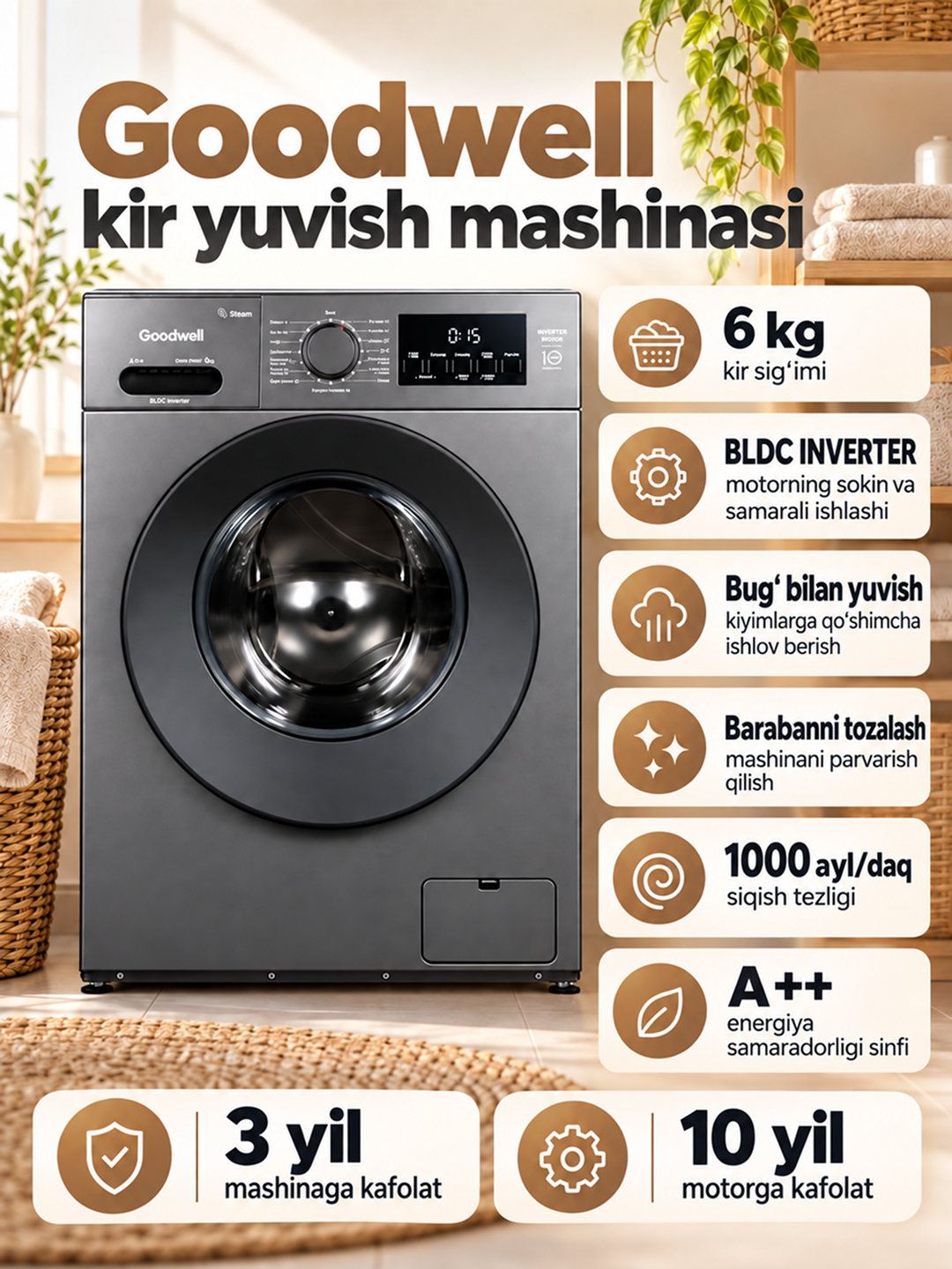 Стиральная машина Goodwell GWM-600G-W, 6 кг, INVERTER, A++, 15 программ - 
