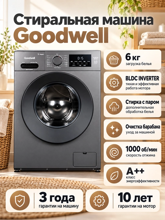 Стиральная машина Goodwell GWM-600G-W, 6 кг, INVERTER, A++, 15 программ