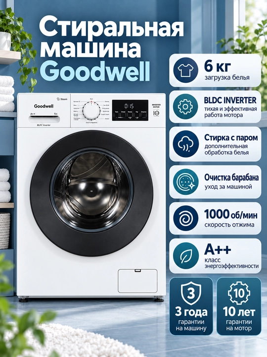Стиральная машина Goodwell GWM-600G-W, 6 кг, INVERTER, A++, 15 программ
