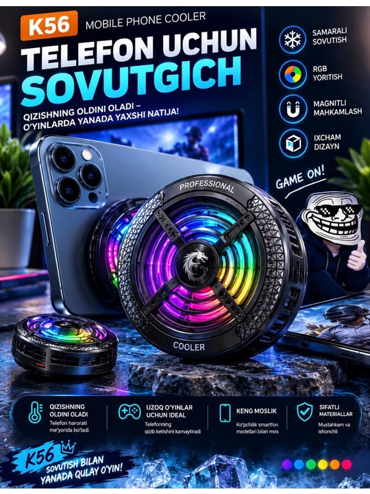 K56 Магнитный кулер для телефона, охлаждающий вентилятор для смартфона, с RGB-подсветкой