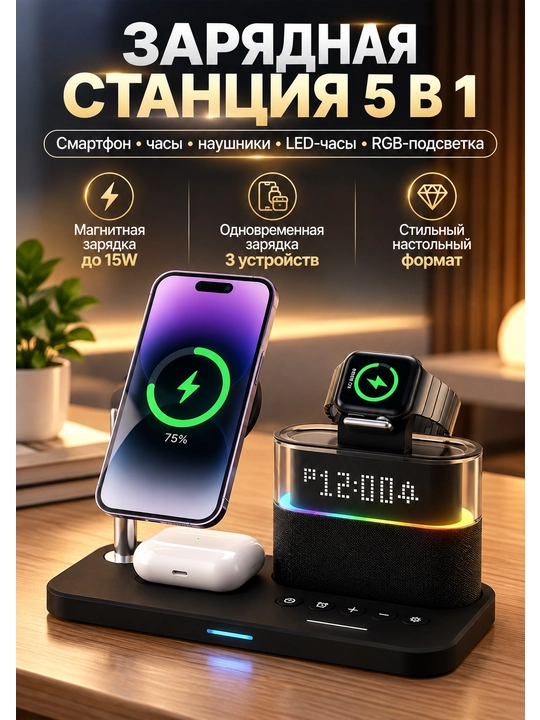 Беспроводная зарядная станция 3 в 1 для iPhone, 15 Вт, с LED-часами и RGB-подсветкой - 