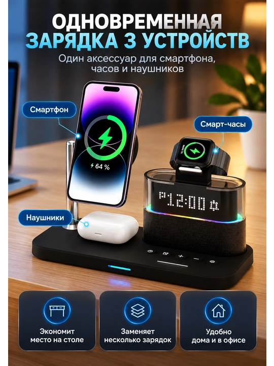 Telefon uchun 3 tasi 1 da simsiz zaryadlash stansiyasi, 15W, LED soat va RGB yoritgich