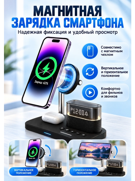 Telefon uchun 3 tasi 1 da simsiz zaryadlash stansiyasi, 15W, LED soat va RGB yoritgich