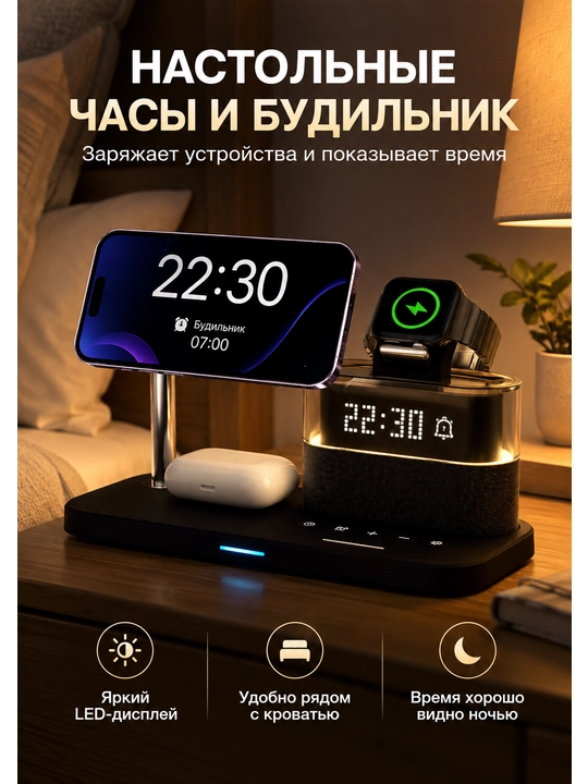 Telefon uchun 3 tasi 1 da simsiz zaryadlash stansiyasi, 15W, LED soat va RGB yoritgich