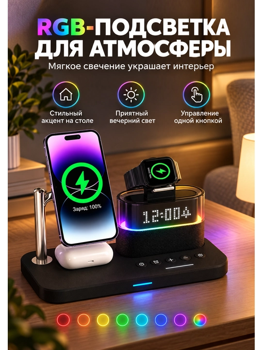 Telefon uchun 3 tasi 1 da simsiz zaryadlash stansiyasi, 15W, LED soat va RGB yoritgich