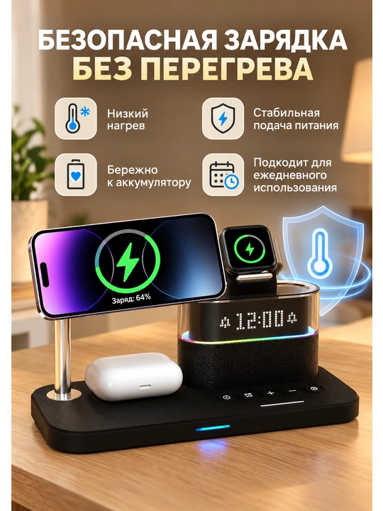 Telefon uchun 3 tasi 1 da simsiz zaryadlash stansiyasi, 15W, LED soat va RGB yoritgich