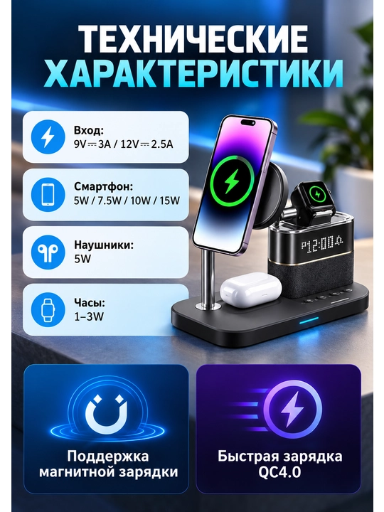 Telefon uchun 3 tasi 1 da simsiz zaryadlash stansiyasi, 15W, LED soat va RGB yoritgich