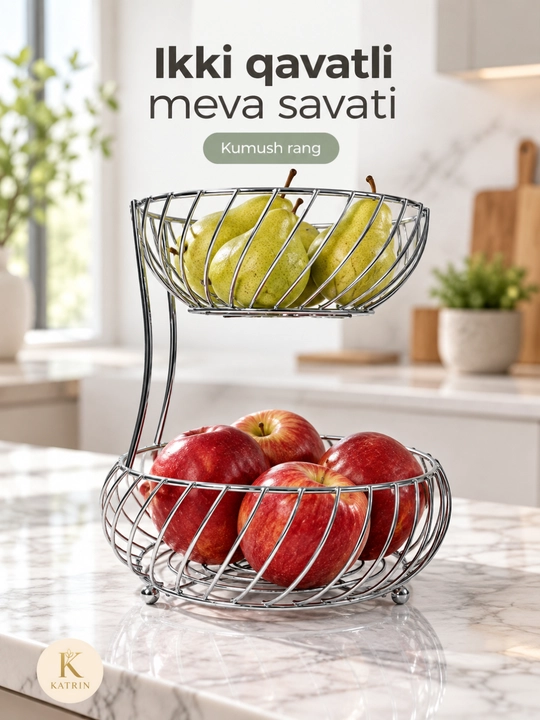 Meva savati, metall meva idishi, fruktovnitsa, oshxona uchun vaza, 1 va 2 qavatli modellar