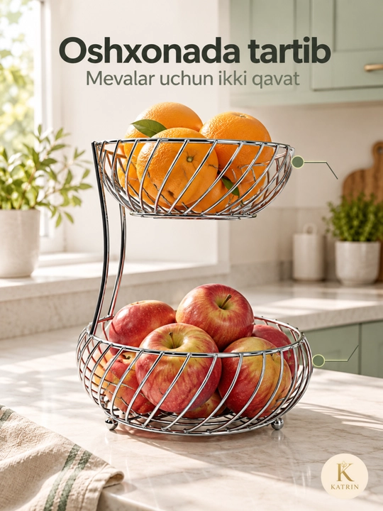 Meva savati, metall meva idishi, fruktovnitsa, oshxona uchun vaza, 1 va 2 qavatli modellar