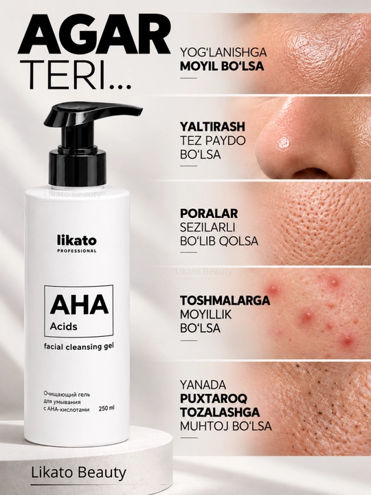 Yuzni yuvish uchun tozalovchi gel Likato AHA kislotalari bilan, qora nuqtalar uchun 250 ml