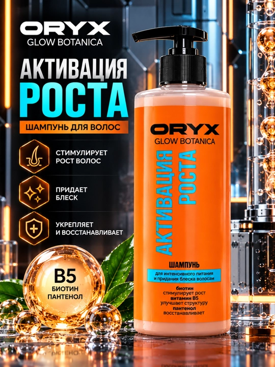 ORYX Glow Botanica sochlar uchun biotin va B5 vitaminli, o‘sishni faollashtiruvchi shampun