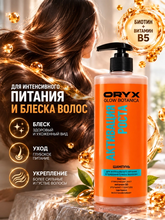 ORYX Glow Botanica sochlar uchun biotin va B5 vitaminli, o‘sishni faollashtiruvchi shampun